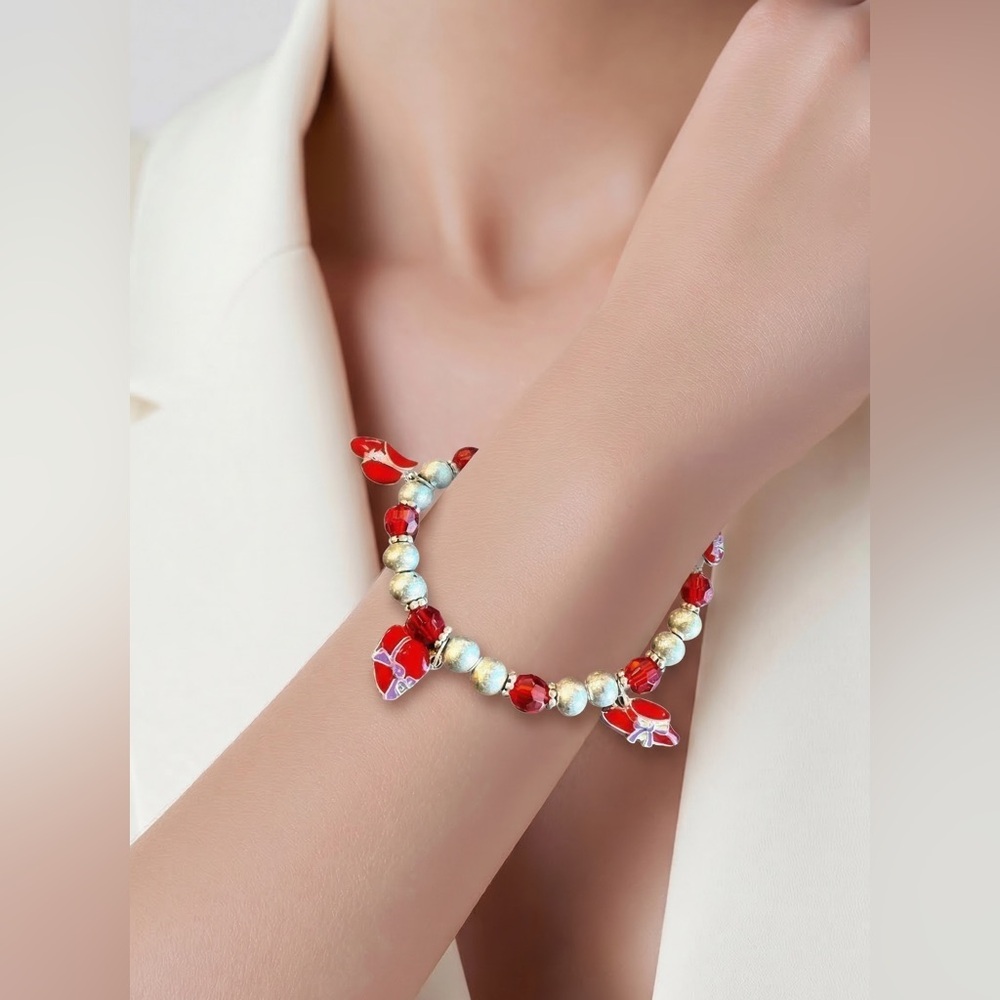 Vintage - Red Hat Society Stretch Bracelet with Red Had Charm - Silver Beads